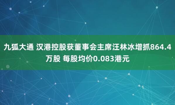 九狐大通 汉港控股获董事会主席汪林冰增抓864.4万股 每股均价0.083港元