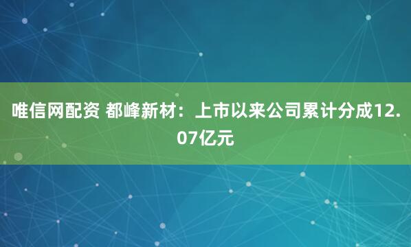 唯信网配资 都峰新材：上市以来公司累计分成12.07亿元